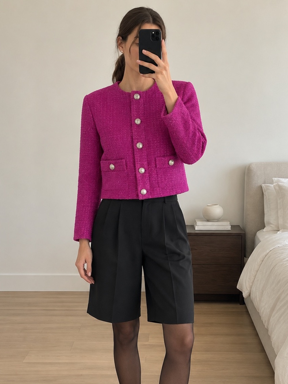 Maje Pink Tweed Jacket Textured Cropped Button Front FR 40 / L